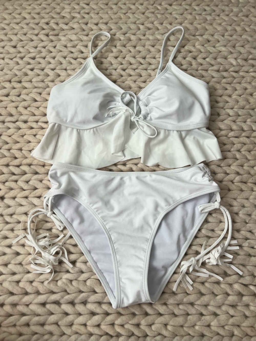White Ruffle Tie-Front Bikini Set